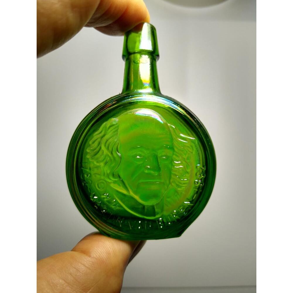 Wheaton Green Carnival Glass Bottle Martin Van Buren 1971 Mini 3" Vintage Retro
